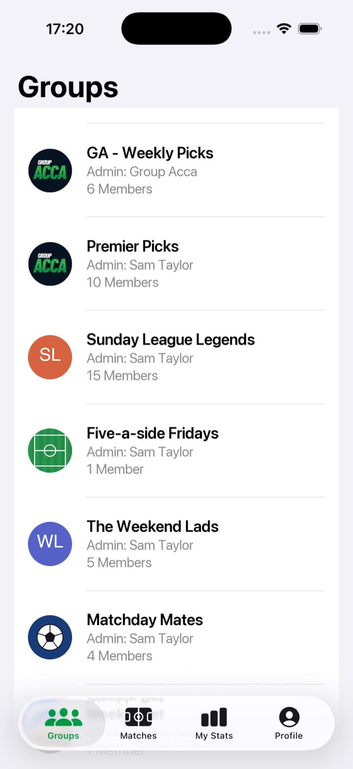 The Groups screen, with the weekend group at the top
